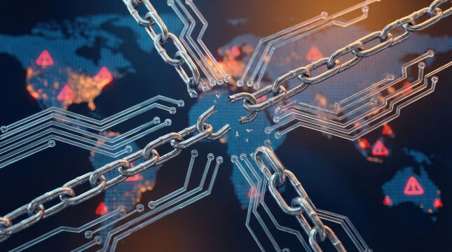 Supply chain disruptions logistics concept digital chain network security failure global crisis risk alert technology background connection system cyber attack error