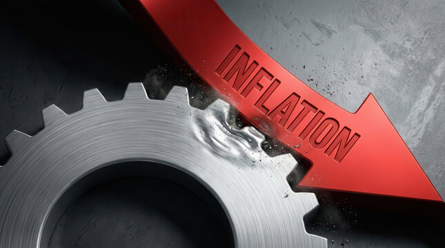 Red arrow inflation pressure supply chain disruptions logistics concept on metal gear macro detail