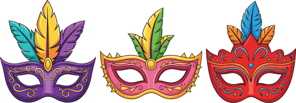 Colorful carnival masks set with decorative feathers ornate masquerade vector illustration collection for festival party celebration design