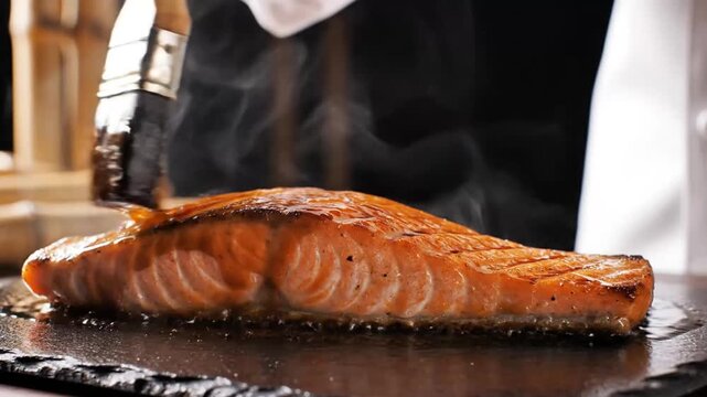 Chef Glazing Delicious Salmon Fillet with Sauce During Cooking.