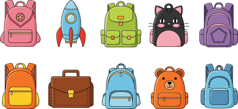 Cute backpack set with school bags rocket and animal designs colorful vector illustration collection for kids education and travel use