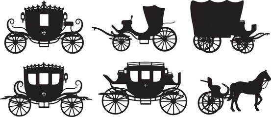 Black Solid Antique Carriages Silhouettes Set of Six on White Background © AADIL