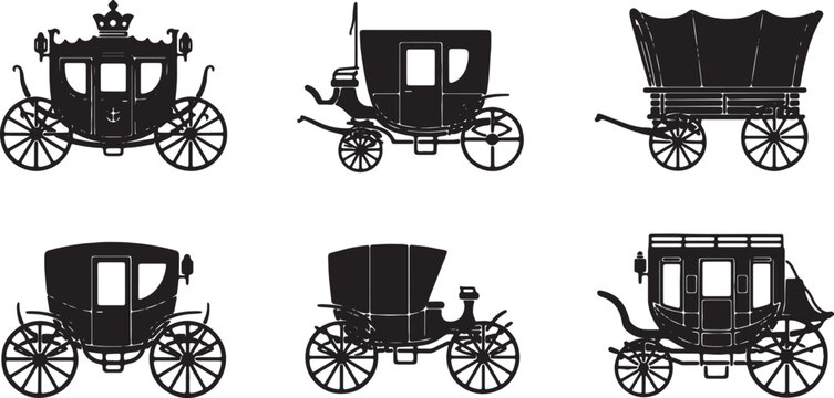 Black Solid Antique Carriages Silhouettes Set of Six on White Background