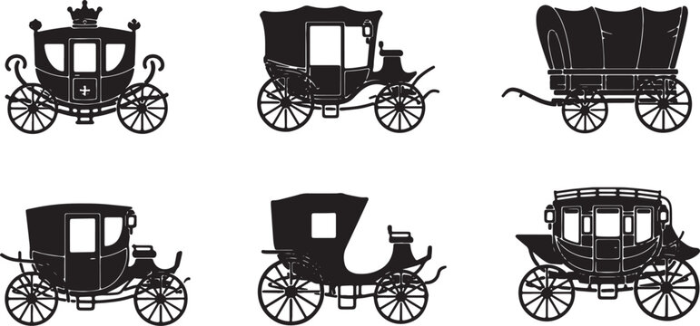 Black Solid Antique Carriages Silhouettes Set of Six on White Background