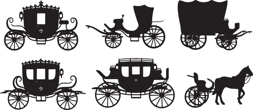 Black Solid Antique Carriages Silhouettes Set of Six on White Background