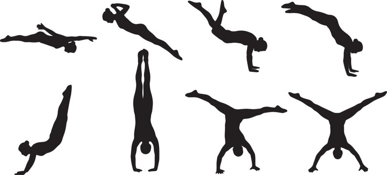 Black Solid Artistic Diving Silhouettes Set of Six on White Background