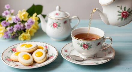 Fototapeta premium A delightful tea time with floral-patterned teaware and biscuits on a table, accompanied by spring flowers