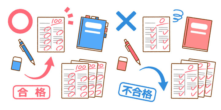 テスト・試験の合否イラスト素材セット｜使いやすいシンプルカラー