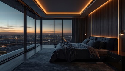 Obraz premium Luxurious penthouse master bedroom with panoramic city skyline view at sunset