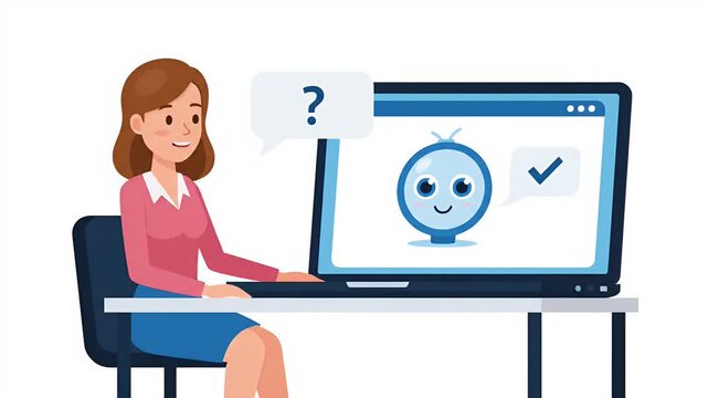 Woman Thinks About AI Robot Chatbot on Laptop Screen