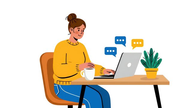 Woman Typing On Laptop With Coffee And Plant Animated Loop