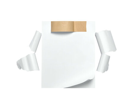 Torn white paper with taped corners, revealing shadow