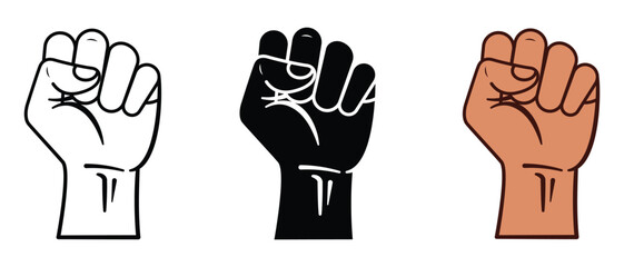 Fototapeta premium Raised fist icon set in outline, solid, and color styles symbolizing protest and power