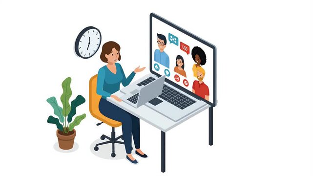 Woman Video Conferencing From Home Office With Plant Clock