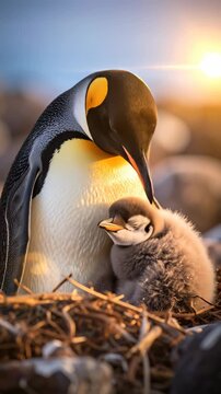 Adorable King Penguin Parent and Chick Bonding in Nest.