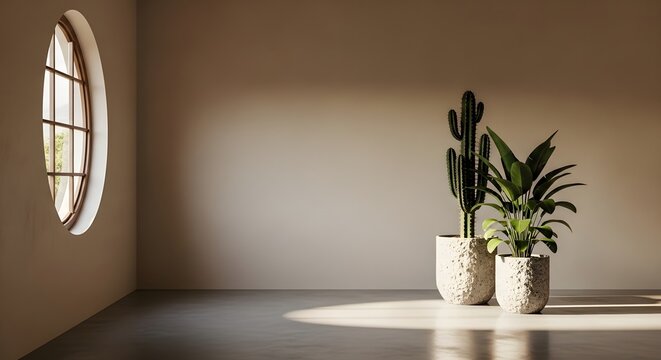 minimalist interior with potted plants and round window