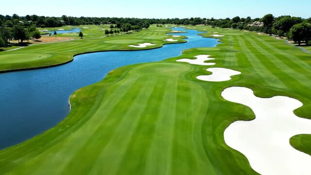 Aerial view of a picturesque golf course with a winding river and pristine green fairways under a bright blue sky