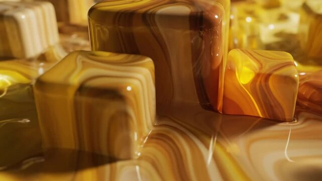 Abstract display of flowing liquid with cube-shaped structures and swirling color patterns in macro view