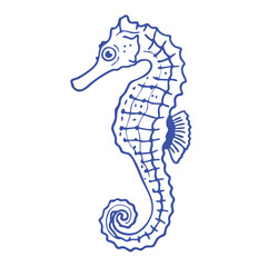 Fototapeta premium Hand-drawn sea ​​horse in trendy dolce vita style. Minimalist Mediterranean summer illustration with blue outlinу. Seaside vibes, vacation mood and coastal aesthetics. Modern doodle vector isolated