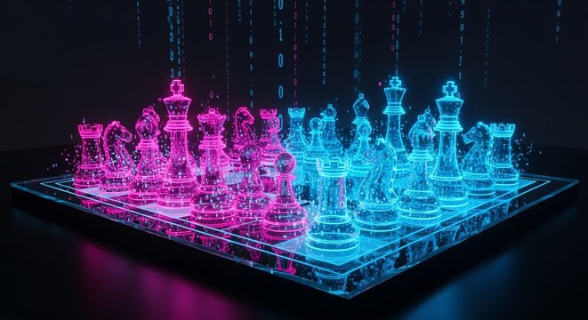 Chess pieces on board with digital background