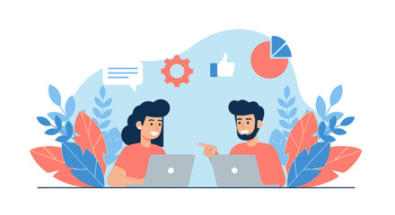 Obraz premium Two people are working on laptops surrounded by colorful leaves and graphs.