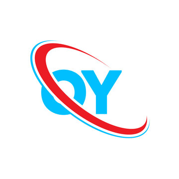 Qy initial logo. Red and blue swoosh encircling qy letters. Modern abstract branding. Elegant dynamic graphic design. Clean business icon.