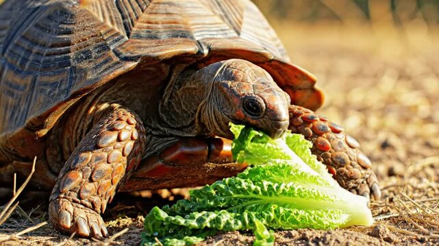Close-up of a large tortoise eating fresh green lettuce leaves in a natural outdoor environment during daytime