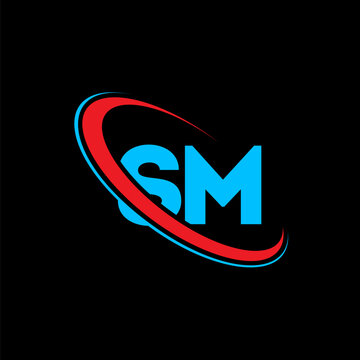 Professional sm letter logo featuring red and blue swosh elements on black background. Modern creative branding identity for corporate business with sleek geometric curved shapes and clean font.