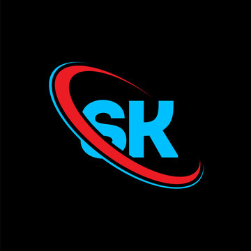Professional sk monogram logo design utilizing bold blue lettering and circular red motion lines. Eye catching graphic element for modern businesses and creative industry startup identities.