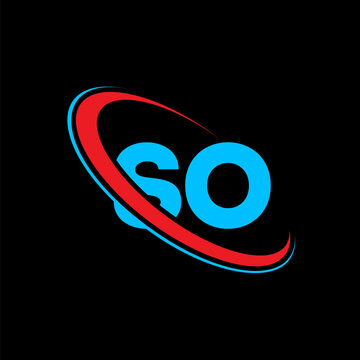 Bold so letter logo featuring blue text and red curved elements on dark background. Creative professional branding concept suitable for modern businesses and digital service providers today.