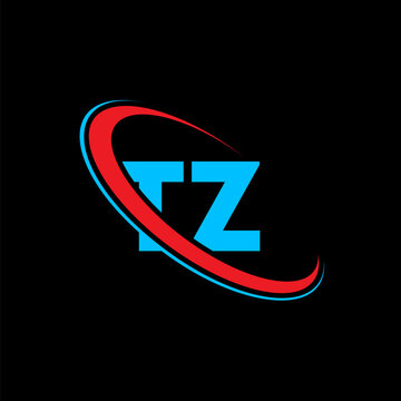 Tz logo in blue with red and blue abstract swoosh shape isolated on black background. Modern tz logo design concept.