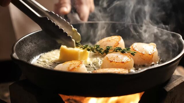 Chef searing scallops in a cast iron skillet on an open flame.