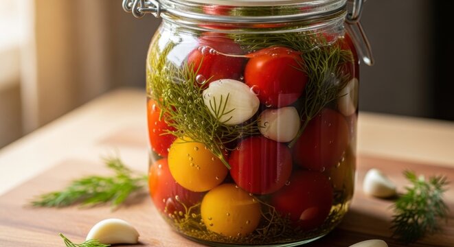 a glass jar filled with pickled vegetables on a wooden cutting board pickled vegetables glass jar wo