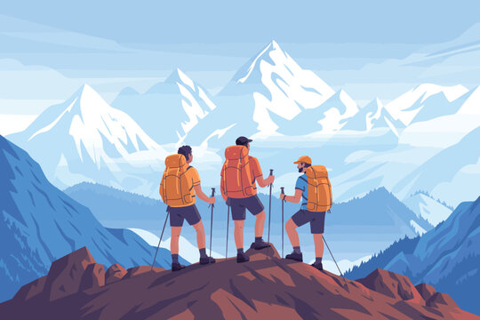 Three hikers with backpacks and trekking poles reach a mountain summit overlooking snowy peaks and vast valleys