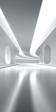 White gray tone of hallway interior with curved structure, clean smooth shiny smooth floor in vertical composition of image. Suitable for product display background.