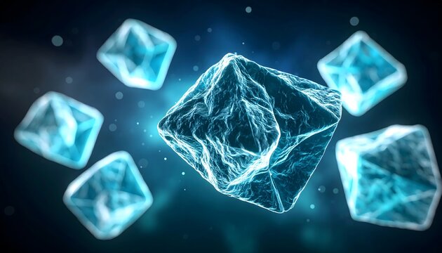 cinematic visualization of molecular flexibility showing glowing blue geometric protein structures floating in a dark microscopic environment