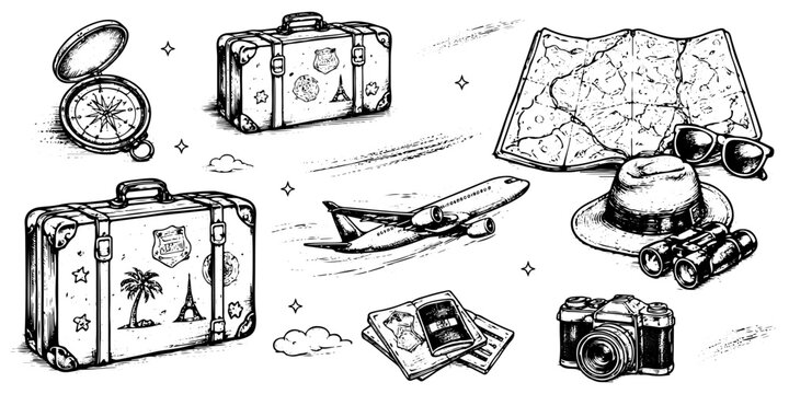 Hand drawn vintage travel and vacation elements vector set. Old suitcases, retro camera, antique airplane, compass and map isolated