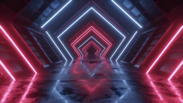 A dark, futuristic tunnel with glowing neon geometric shapes.