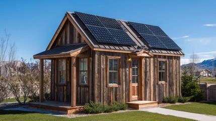 Obraz premium Residential wooden cottage featuring solar panels on the roof against a bright sky