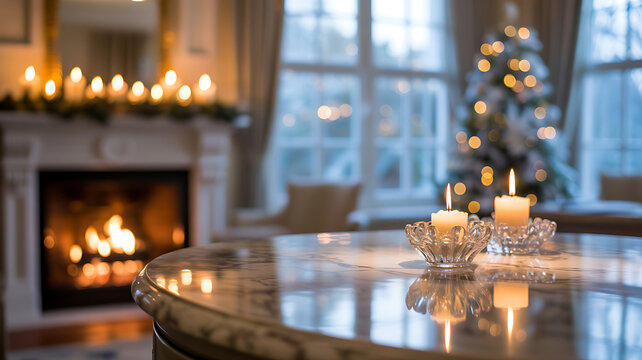 Cozy living room with candles on a table by a fireplace during christmas isolated on white background is not applicable