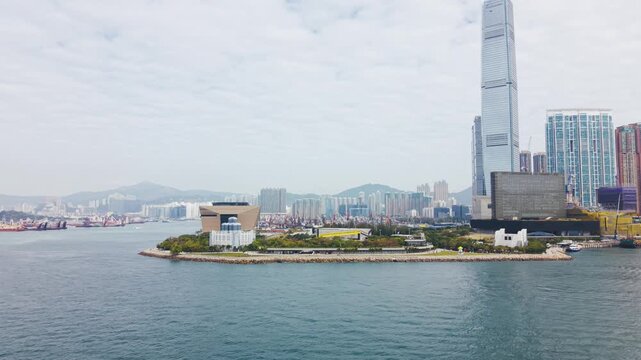 Aerial view of Hong Kong&rsquo;s West Kowloon Cultural Hub, featuring modern museums, open public spaces and waterfront areas along Victoria Harbour.