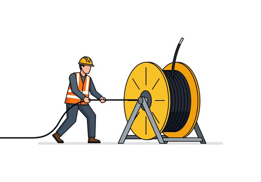 Construction worker pulling cable from large spool on construction site for infrastructure development