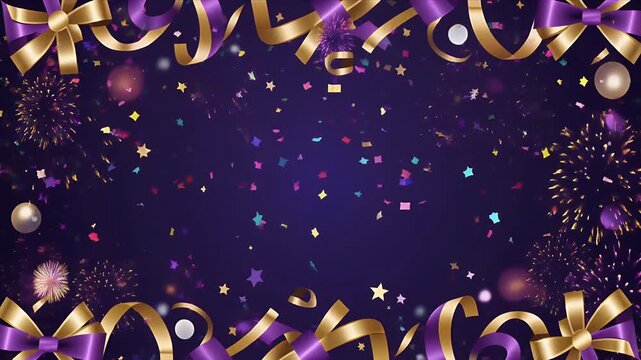 Golden Ribbon Garland with Glittering Stars on Dark Purple Sparkling Background