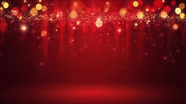 Crowd Celebration with Glowing Red Lights and Sparkling Confetti in Dark Atmosphere