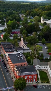 Vertical View Of First Congregational Church In Lee, Berkshires Region In Massachusetts, United States. Aerial Shot