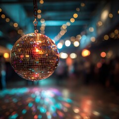 Obraz premium Shimmering disco ball over a moody dance floor with colorful reflections