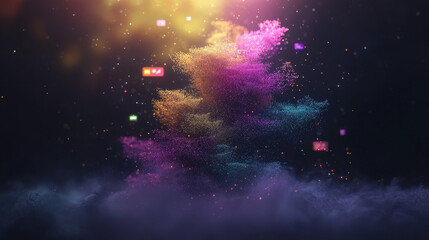 Naklejka premium Colorful particle cloud digital abstract glowing light virtual reality futuristic interface floating elements vibrant technology fantasy creative energy