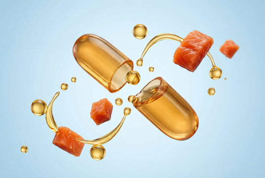 3D-Illustration einer aufbrechenden Omega-3-Fisch&ouml;lkapsel mit fliegenden Lachsst&uuml;cken und goldenen &Ouml;ltropfen, schwebend vor einem hellblauen Hintergrund. Konzept f&uuml;r gesunde Ern&auml;hrung und Nahrungserg