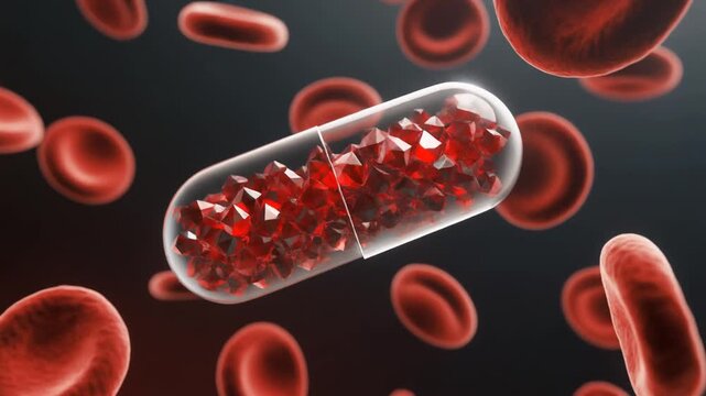 A digitally rendered close-up of a transparent capsule filled with red crystalline particles floating among red blood cells. The dramatic high‑contrast background of dark and light hues emphasizes a f