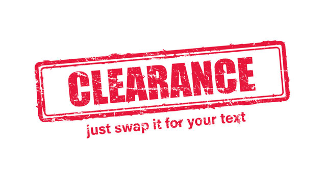 A red grunge rubber stamp vector illustration with a distressed ink texture, featuring the word clearance inside a rectangular frame and isolated on a white background.